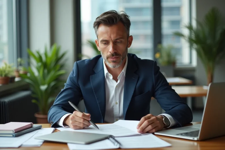 Portrait professionnel d'Aaron Nouchy assis à son bureau dans un cadre moderne et élégant