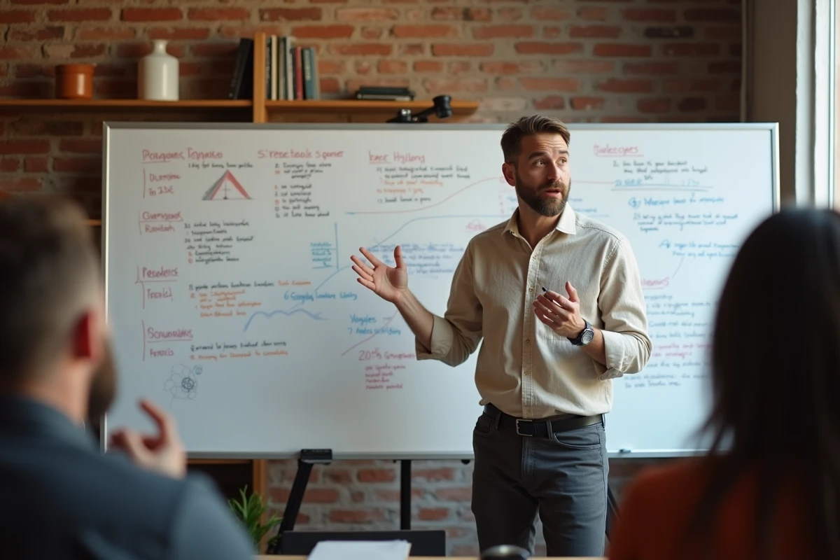 Aaron Nouchy présentant ses idées devant un tableau blanc dans un espace de coworking moderne