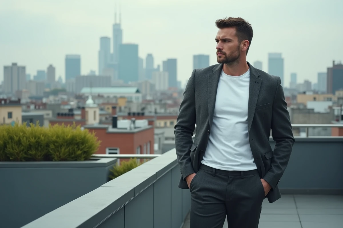 Aaron Nouchy en plein air sur une terrasse urbaine avec panorama de ville en arrière-plan
