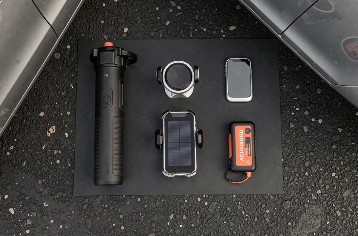 Accessoires high-tech pour voiture disposés en flat lay sur asphalte : gonfleur de pneus portable, support magnétique, traceur GPS solaire et démarreur de secours