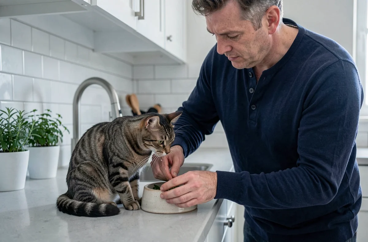 Homme donnant de l'eau fraîche à son chat dans une cuisine moderne, routine de soin pour animaux