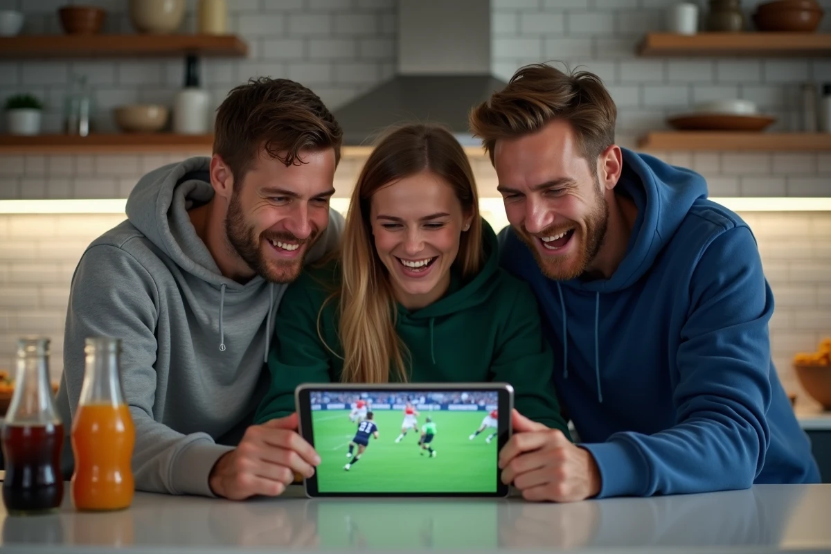 Groupe d'amis regardant un match de rugby en streaming en direct sur une tablette dans une cuisine moderne