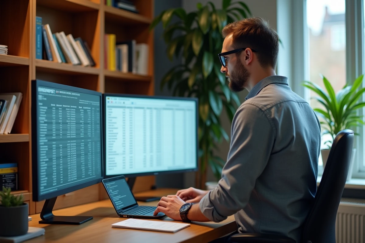 Comptable masculin travaillant sur un tableau de calcul de salaire brut en net dans un bureau à domicile