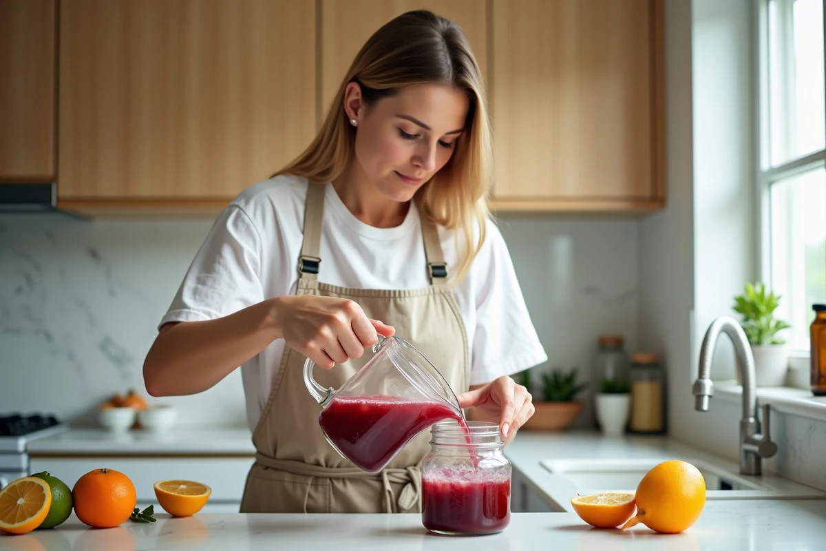 Femme versant du punch rouge dans un récipient hermétique adapté au congélateur dans une cuisine moderne