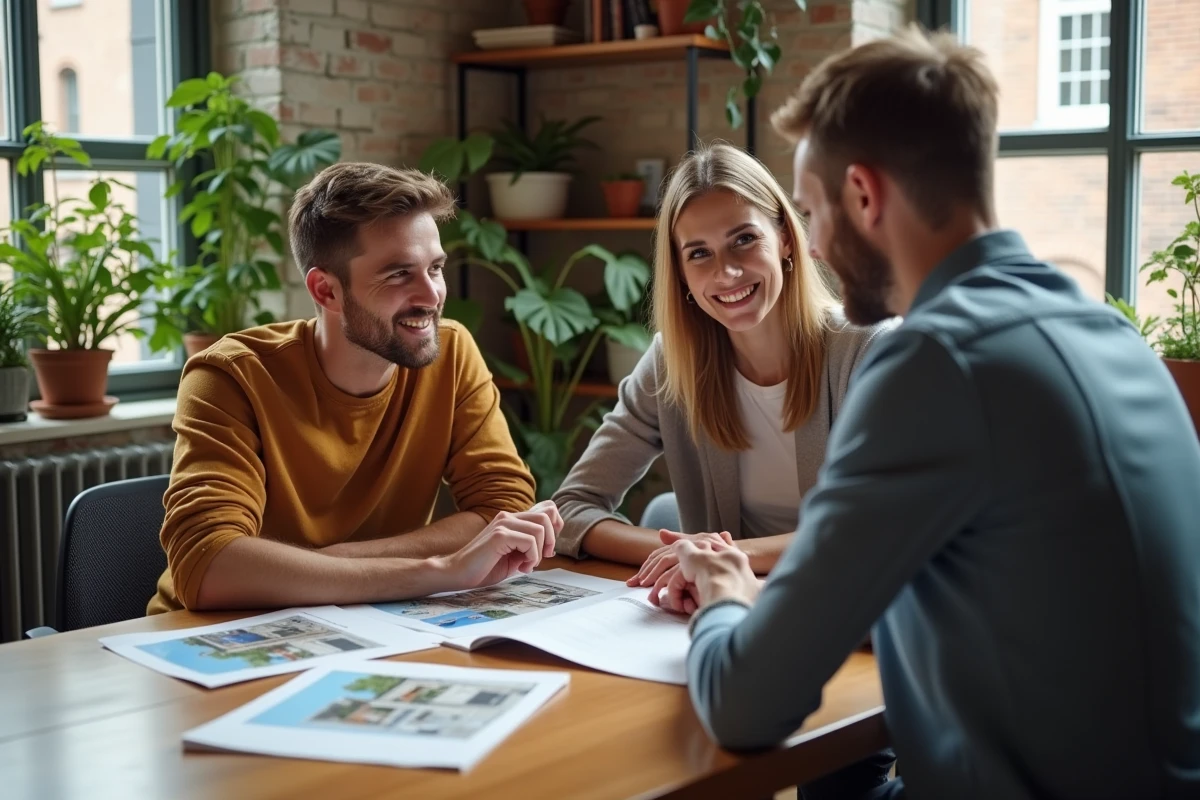 Jeune couple discutant avec un agent dans un appartement lumineux
