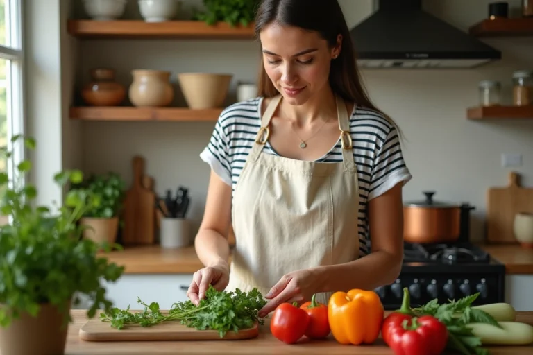 Femme arrangeant des herbes fraîches et légumes colorés sur une planche en bois dans une cuisine rustique au décor chaleureux