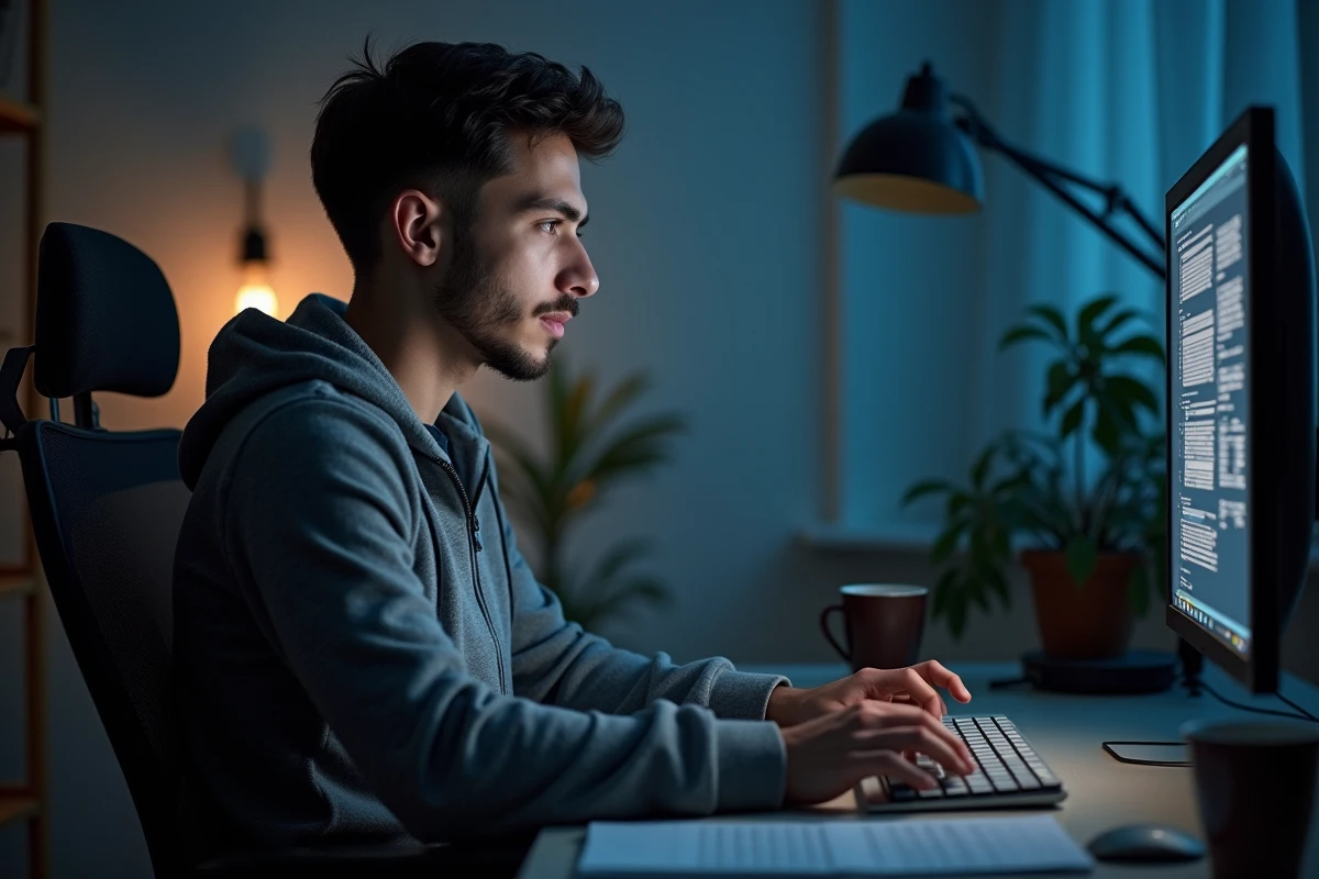 Jeune créateur numérique concentré devant ses écrans dans un bureau home office, illustrant le travail et la biographie d'un vidéaste YouTubeur
