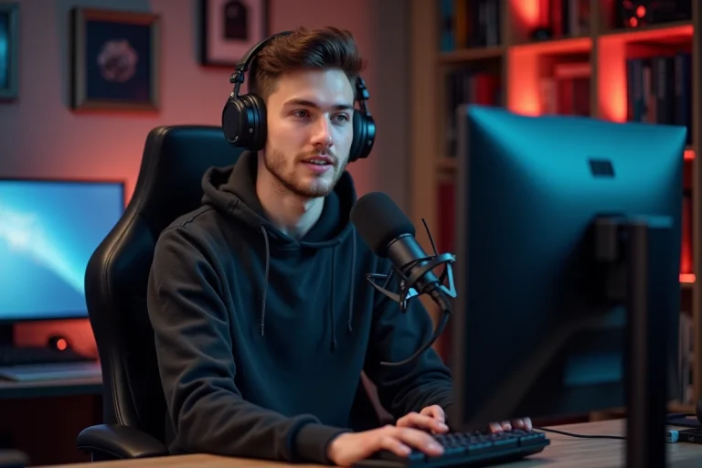 Jeune créateur de contenu assis devant son setup de streaming en studio home, micro professionnel au premier plan, ambiance biographie de YouTubeur