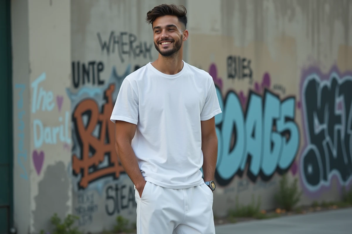 Jeune homme créateur en tenue décontractée devant un mur de street art urbain, portrait éditorial illustrant le parcours d'un influenceur francophone
