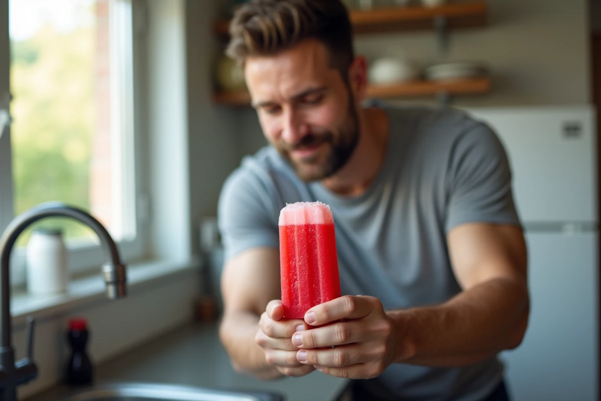 Homme tenant un bloc de punch congelé en cours de décongélation au-dessus d'un évier de cuisine