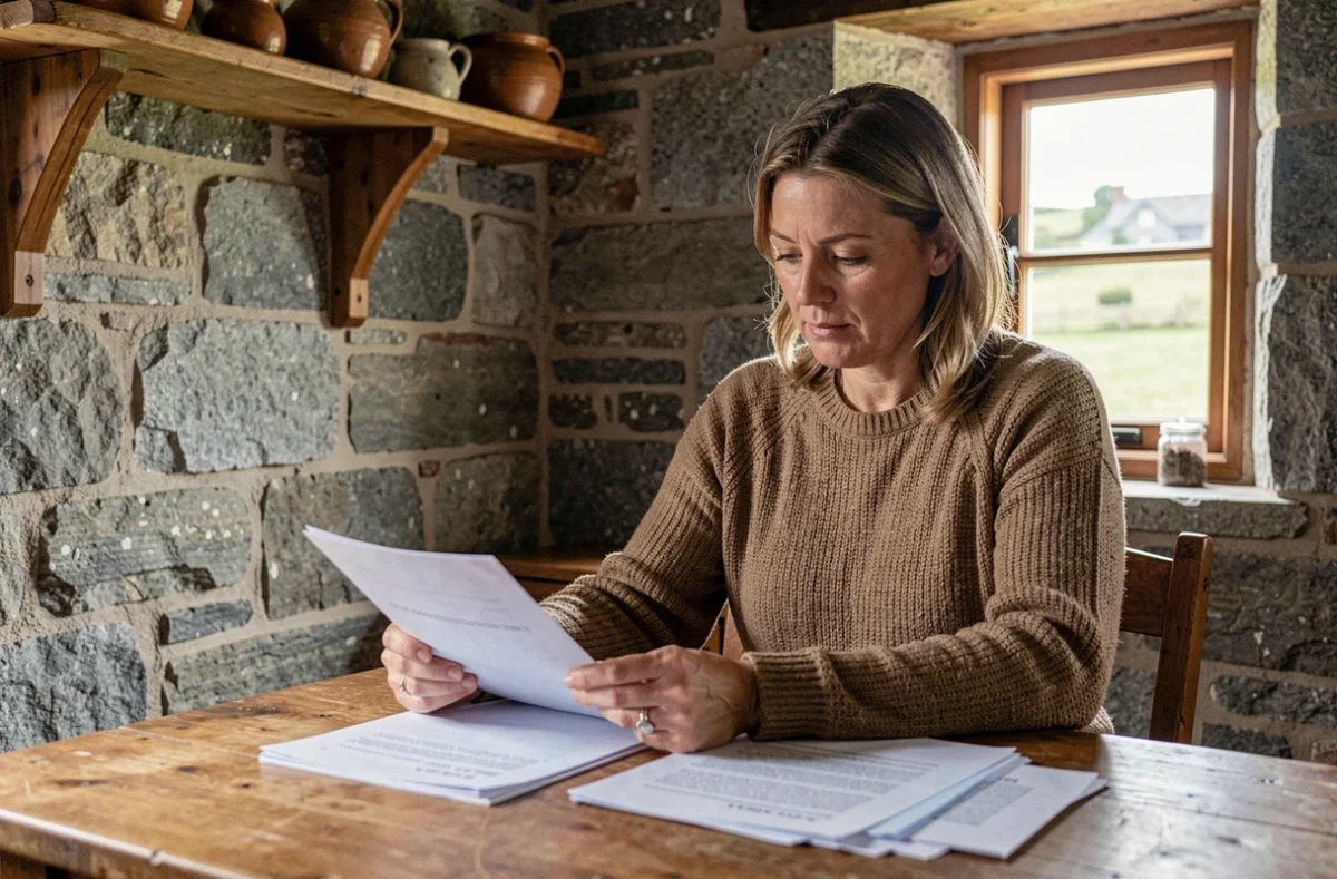Femme bretonne consultant des documents administratifs liés à sa maison dans une ferme en pierre traditionnelle