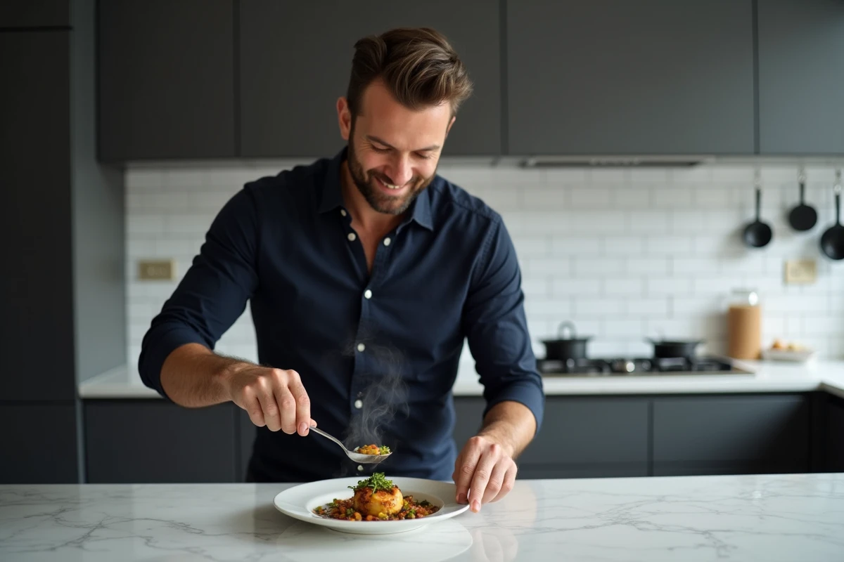 Homme dressant une assiette avec soin dans une cuisine moderne aux tons gris et blanc, ambiance éditoriale culinaire contemporaine