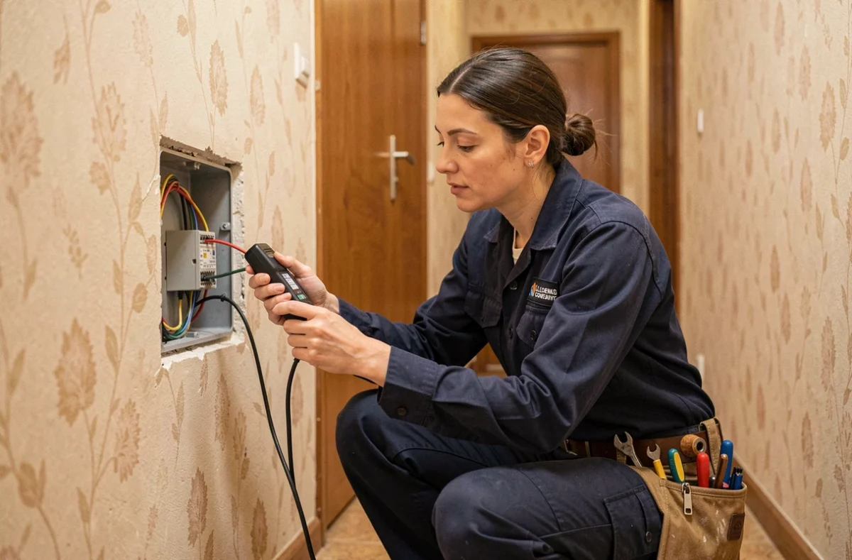 Électricienne professionnelle vérifiant le câblage d'une boîte murale pour installer un interrupteur connecté