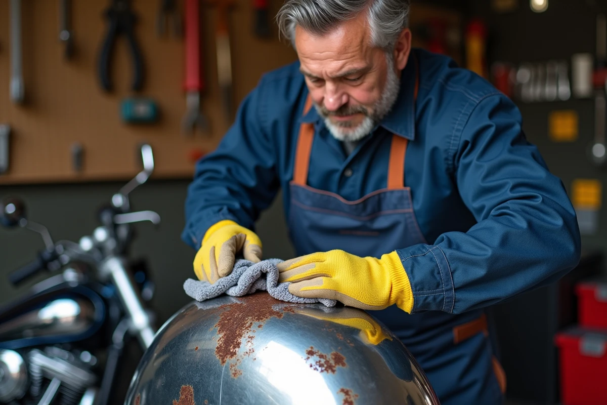 Homme en tablier appliquant un produit anti-rouille sur un garde-boue en chrome de moto dans un garage