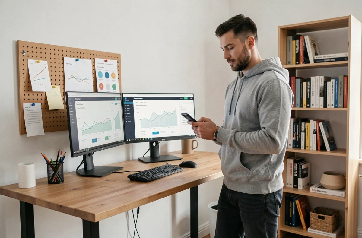 Entrepreneur masculin analysant des données e-commerce sur deux écrans dans son bureau à domicile, tendances du commerce en ligne