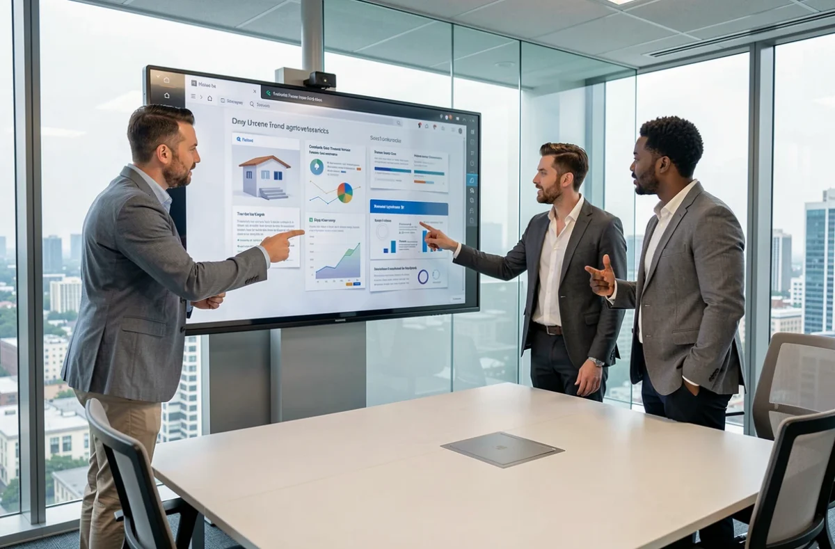 Équipe de professionnels du digital analysant ensemble les tendances web sur un écran interactif en salle de réunion