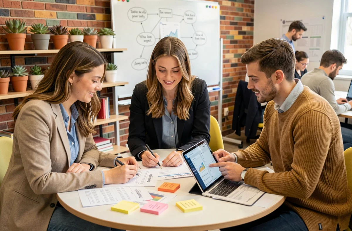 Équipe de jeunes entrepreneurs collaborant autour d'un tableau de stratégie digitale dans un espace startup moderne