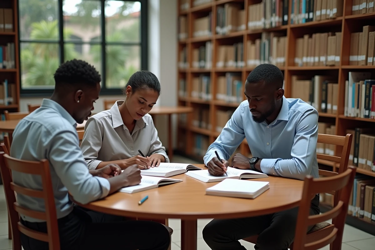 Étudiants béninois en droit préparant le concours de notaire dans une bibliothèque universitaire à Abomey-Calavi