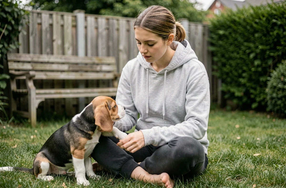 Jeune femme examinant la patte de son chiot beagle dans un jardin, soins vétérinaires à domicile pour animaux