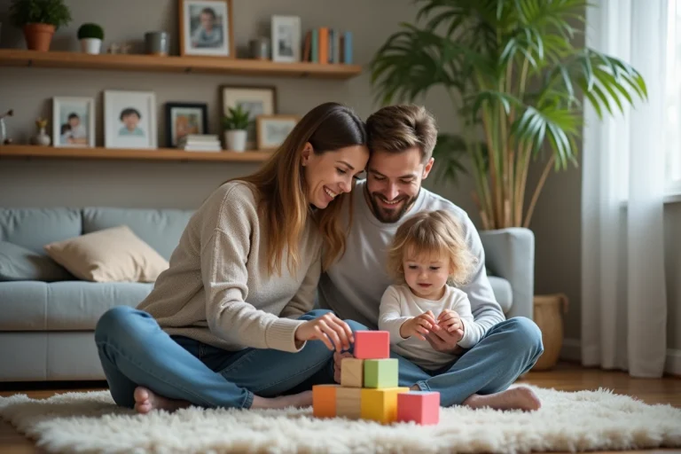 Parents souriants jouent avec leur fille dans un salon chaleureux