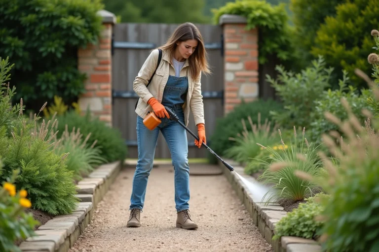 Femme en jardinage arrosant des mauvaises herbes dans un jardin français