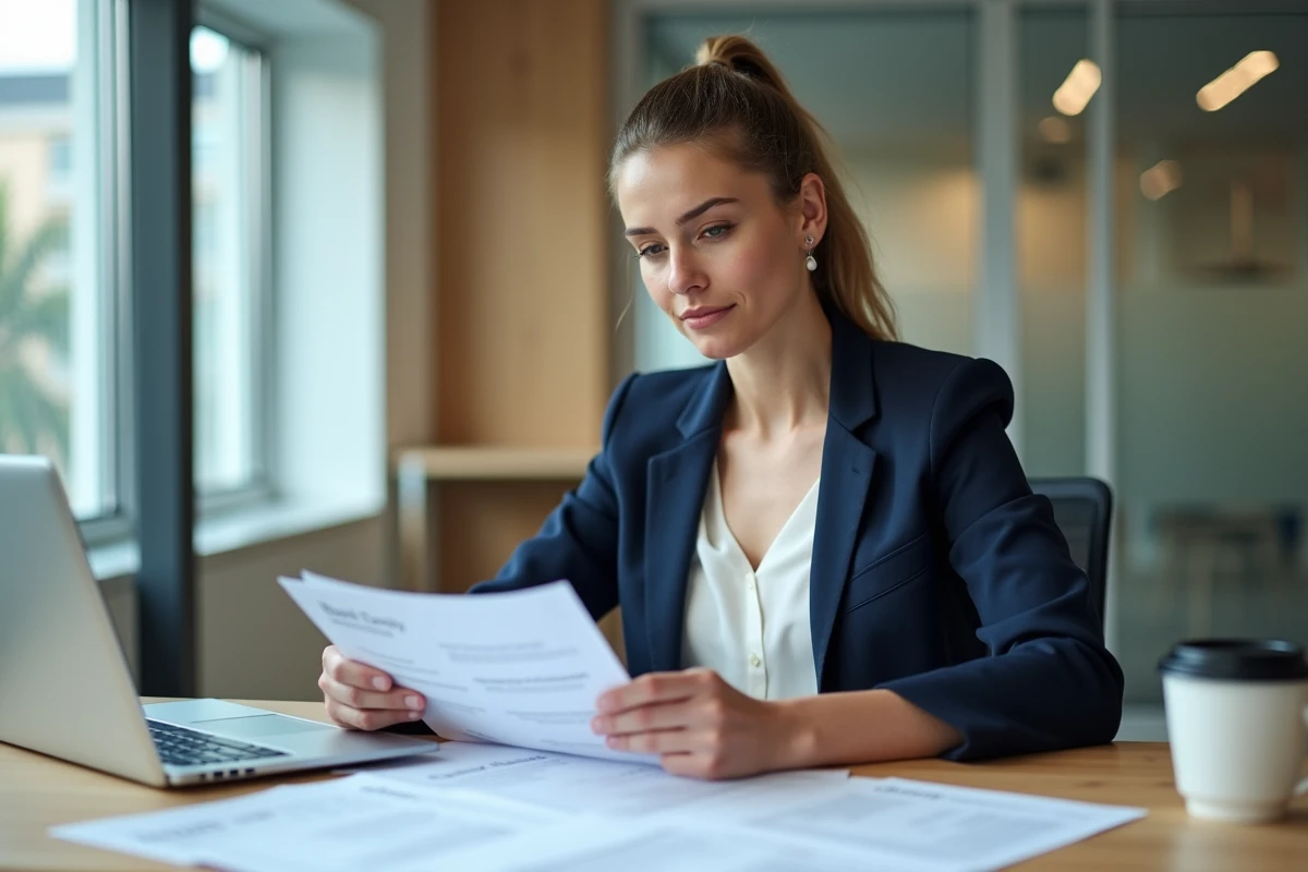 Femme cadre analysant ses fiches de paie et documents salariaux dans un bureau moderne, illustration salaire brut net