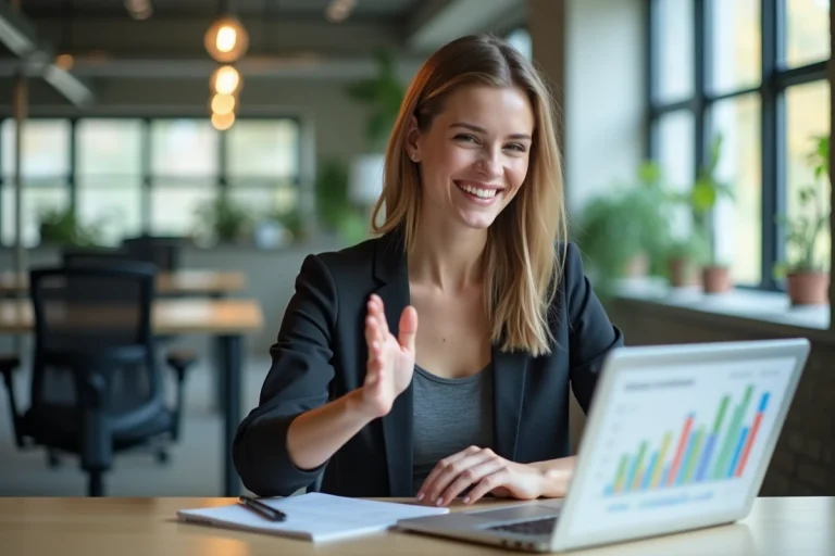 Femme en blazer souriante devant un ordinateur en coworking