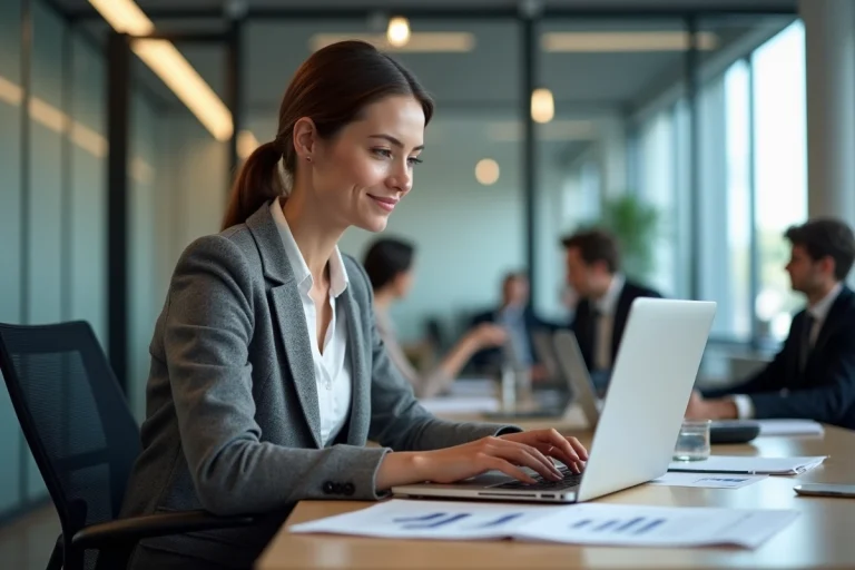Femme professionnelle au bureau avec graphiques financiers