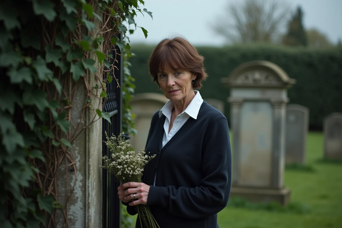Femme se recueillant devant une grille de cimetière rural français entourée de lierre, tenant un bouquet de fleurs sauvages dans une atmosphère mélancolique