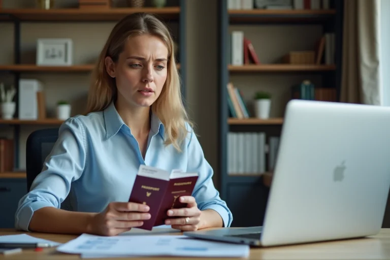 Femme comparant deux passeports et une carte d'embarquement à son bureau pour gérer un changement de numéro de passeport après une réservation de vol