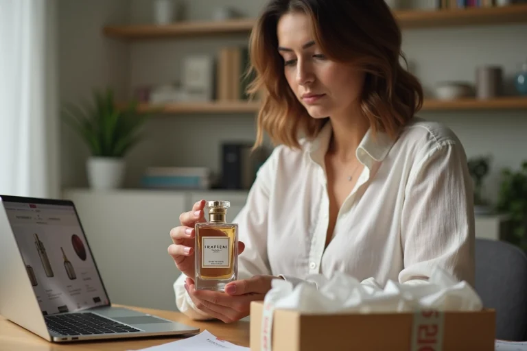 Femme examinant un flacon de parfum de luxe reçu d'une commande en ligne, assise à un bureau moderne avec un ordinateur portable ouvert