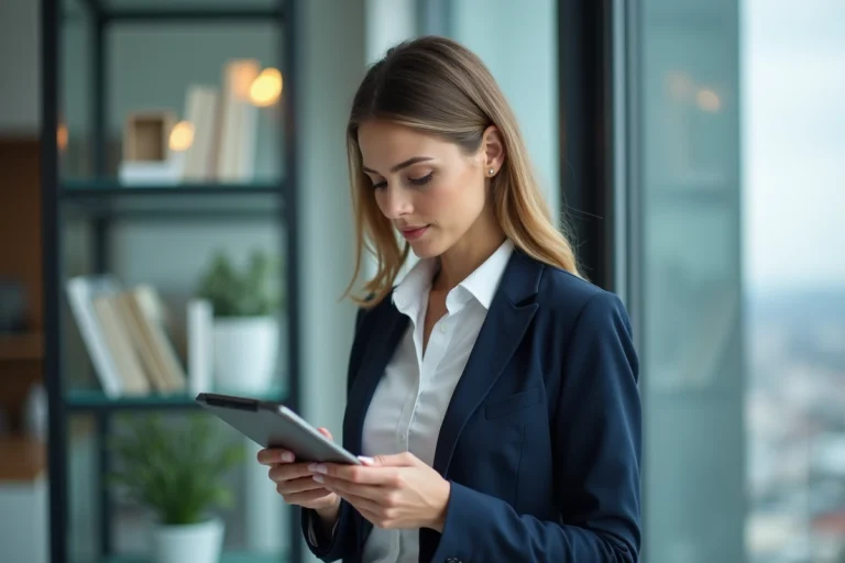 Femme professionnelle regardant des annonces immobilières sur une tablette