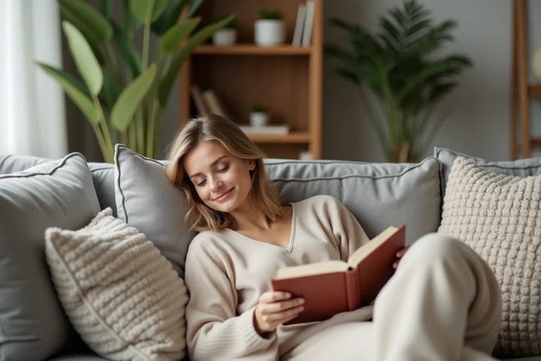 Jeune femme lisant sur un canapé scandinave cosy