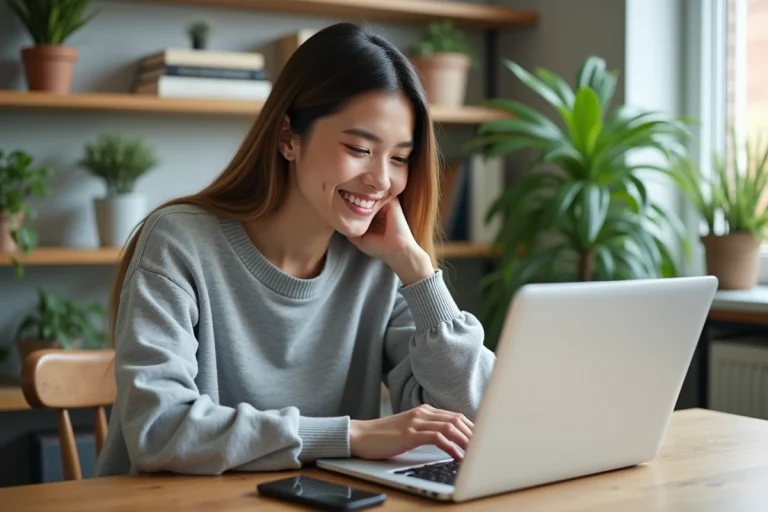 Jeune femme souriante organise ses posts sur son ordinateur
