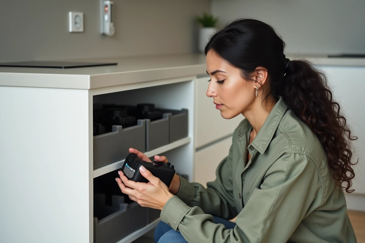Femme consultant l'étiquette d'une batterie rechargeable devant un meuble de rangement dédié avec compartiments en mousse dans une cuisine moderne