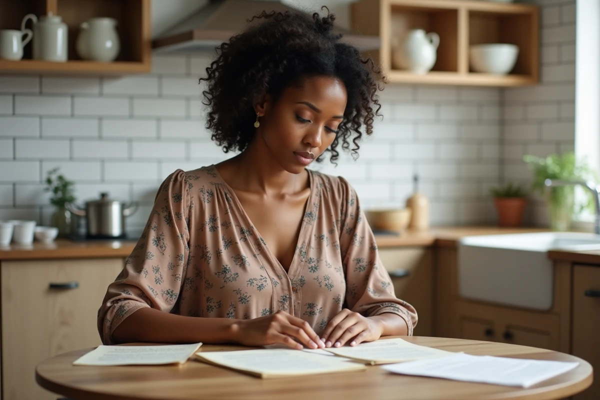 Femme mature assise à une table de cuisine examinant de vieux documents familiaux avec une expression réfléchie, illustrant la recherche des origines et de l'histoire familiale de Rebecca King Crews