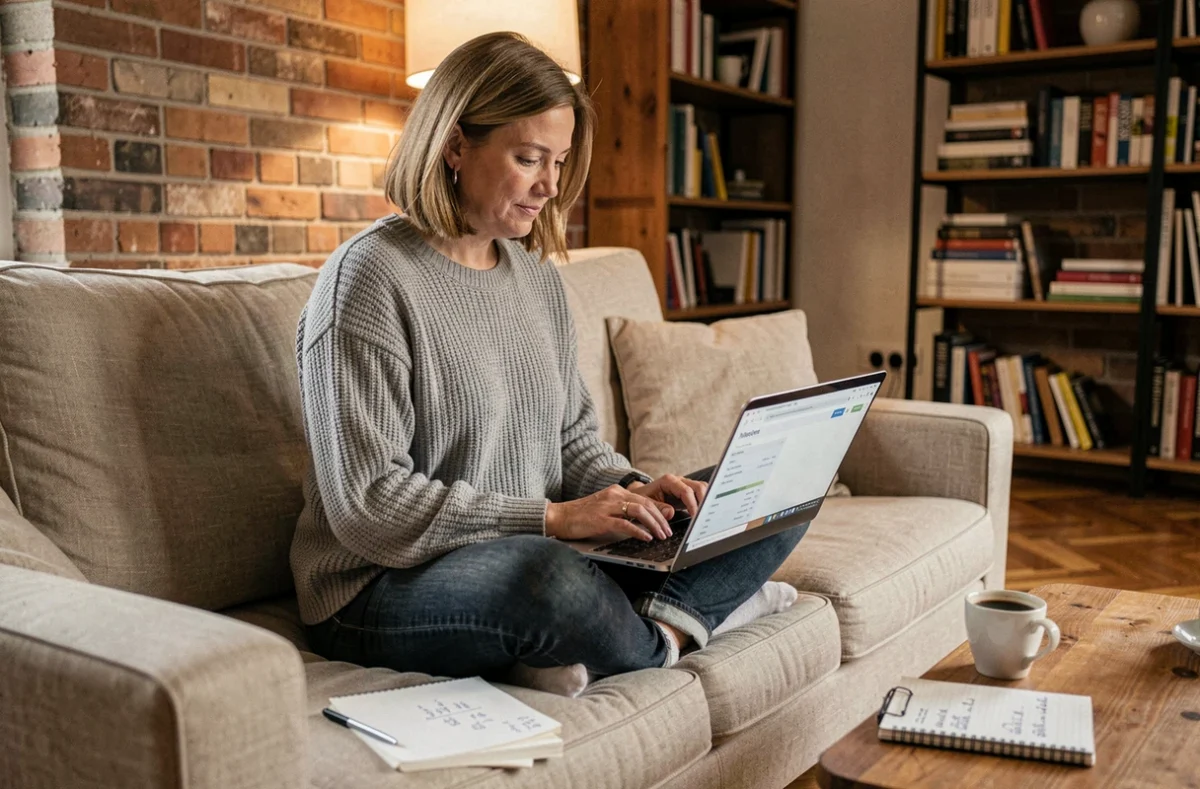 Femme seule recherchant des taux de crédit immobilier sur un ordinateur portable depuis son salon