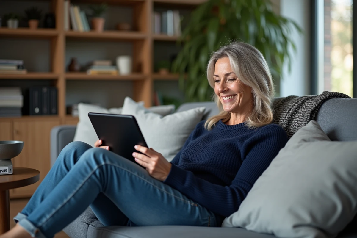 Femme souriante regarde sa tablette dans le salon
