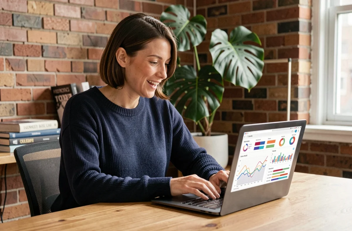 Femme passionnée du digital analysant les tendances web sur son ordinateur portable dans un bureau moderne
