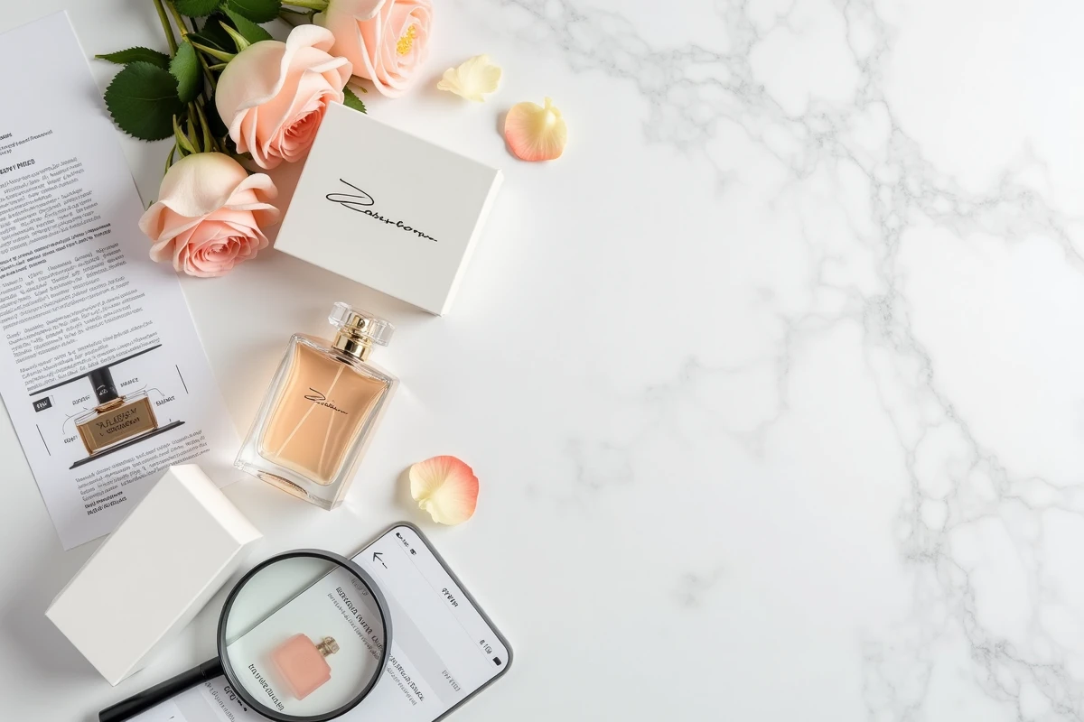 Flatlay sur marbre blanc avec flacon de parfum de luxe, boîte originale, confirmation de commande en ligne et loupe pour vérification d'authenticité