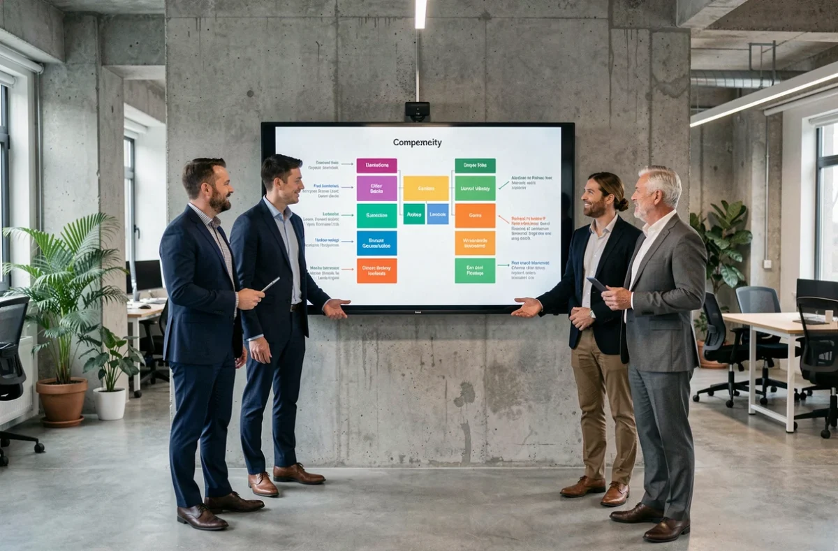 Groupe de professionnels en formation autour d'un écran tactile présentant le cadre de compétences du référentiel AS 2026