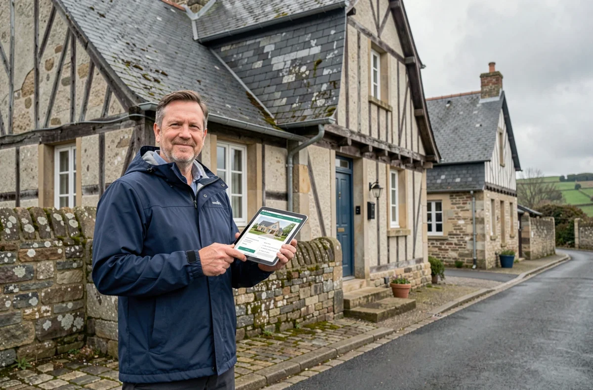 Homme consultant une application de gestion de maison devant une maison bretonne traditionnelle en bord de côte