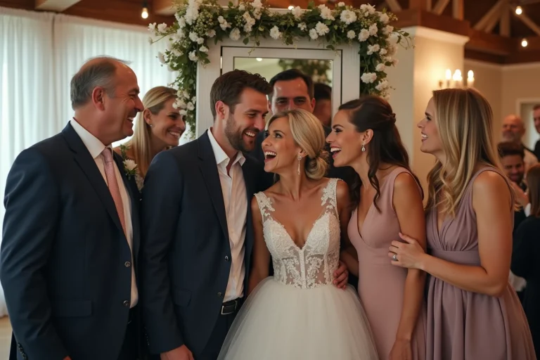 Groupe d'amis et famille dans un photobooth de mariage
