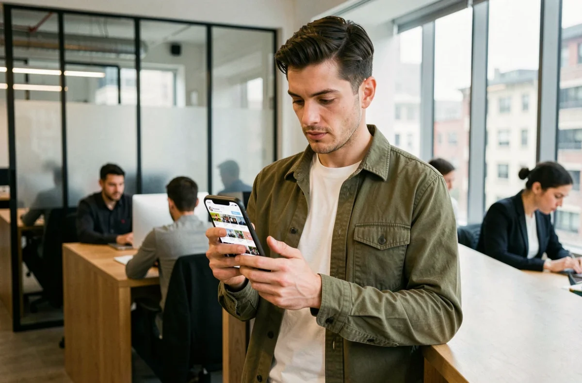 Jeune homme consultant les dernières actualités du web sur son smartphone dans un espace de coworking