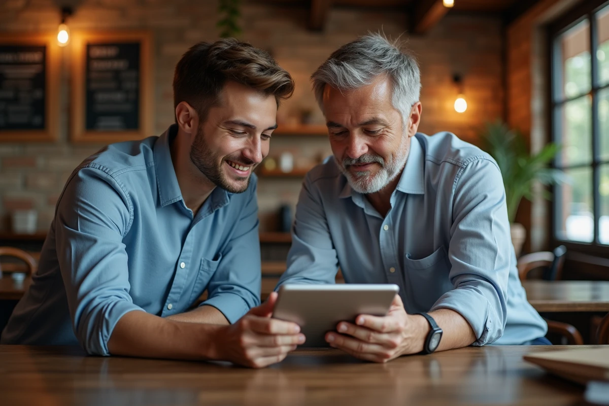 Jeune homme ajustant une tablette dans un café chaleureux