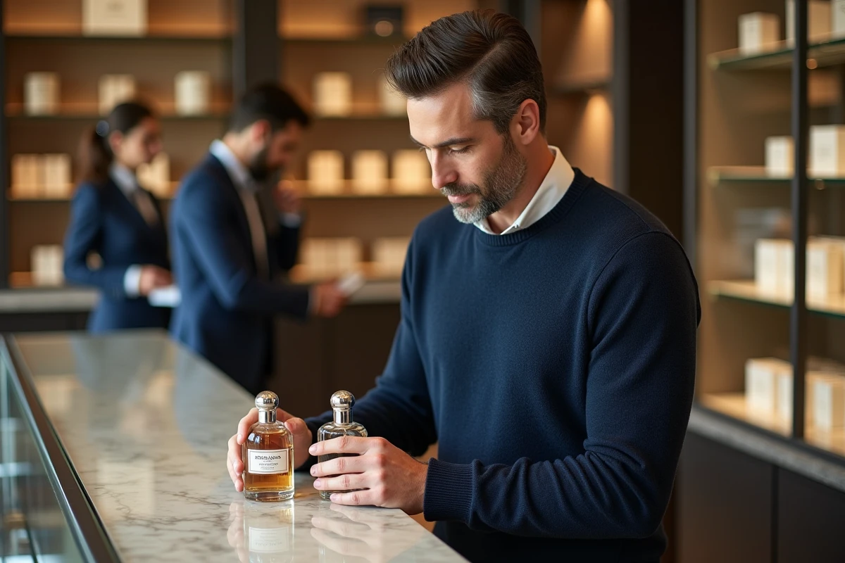 Homme comparant deux flacons de parfum de luxe dans une boutique haut de gamme, avec comptoirs en marbre et présentoirs en verre