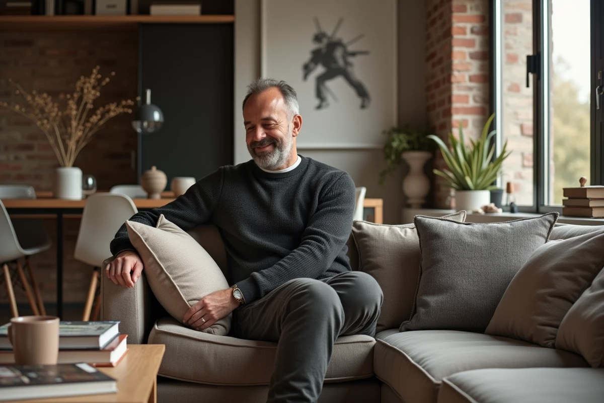 Homme arrangeant des coussins dans un appartement moderne