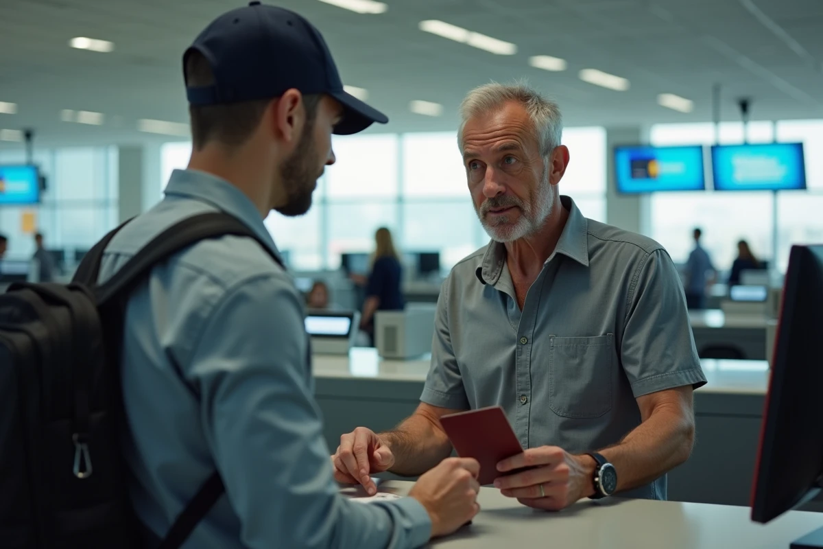 Homme présentant son nouveau passeport à un agent d'enregistrement dans un aéroport après un changement de numéro de passeport