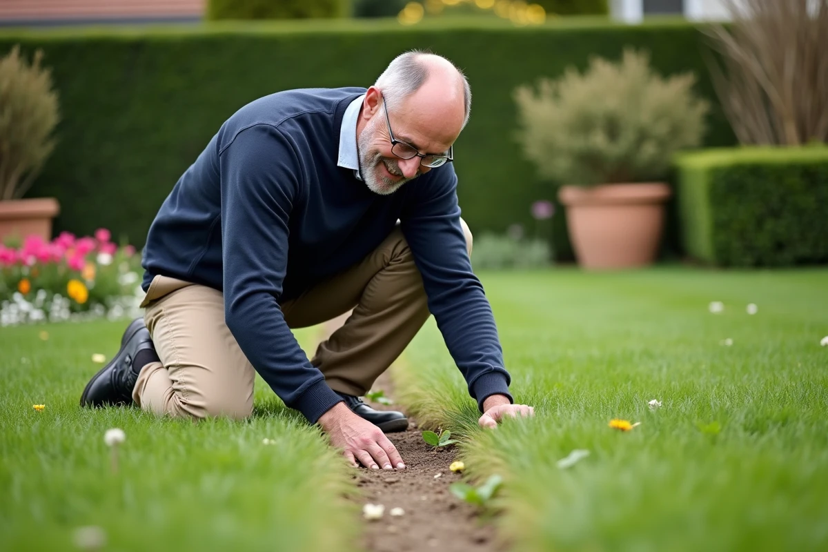 Homme appliquant un désherbant dans un jardin fleuri en banlieue