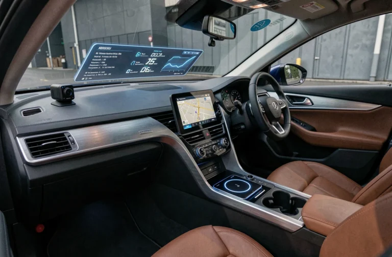 Tableau de bord de voiture moderne avec affichage tête haute, chargeur sans fil et dashcam, innovations high-tech automobile
